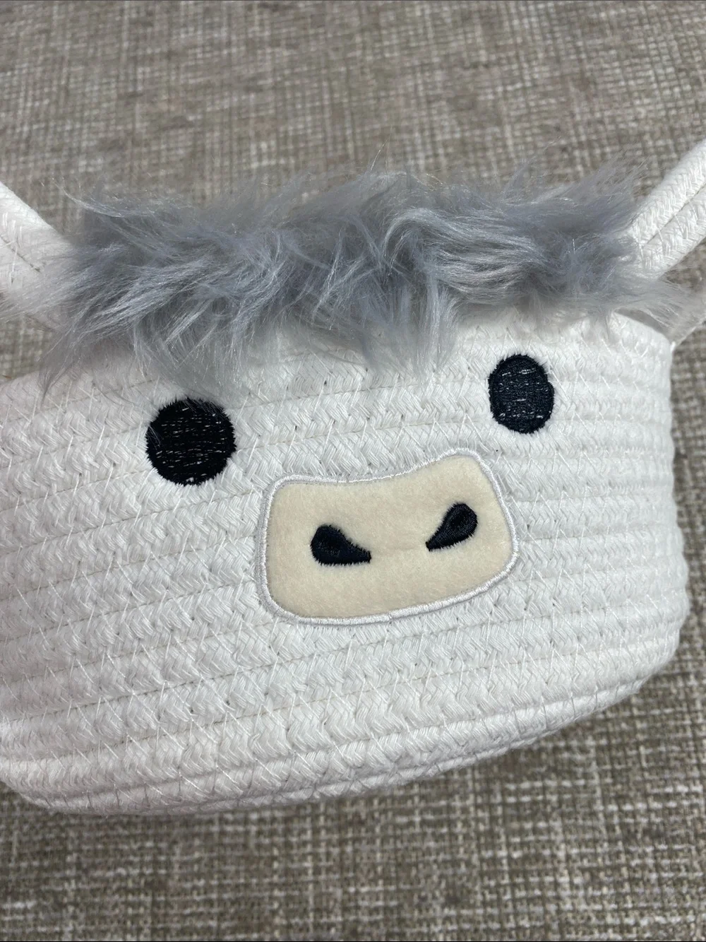 White Rope Storage Basket with Gray Faux Fur Details cute cow